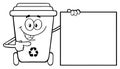 Talking Black And White Recycle Bin Cartoon Mascot Character Pointing To A Blank Sign Banner.
