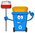 Talking Blue Recycle Bin Cartoon Mascot Character Pointing To A Open Lid.