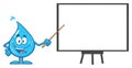 Talking Blue Water Drop Cartoon Mascot Character Using A Pointer Stick During A Presentation