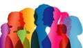 Talking crowd. Dialogue between people. Colored silhouette profiles. Multiple exposure vector Royalty Free Stock Photo