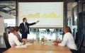Talking finance in the boardroom. an executive giving a presentation on a projection screen to a group of colleagues in Royalty Free Stock Photo