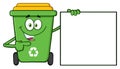 Talking Green Recycle Bin Cartoon Mascot Character Pointing To A Blank Sign Banner