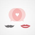 Talking about love. Speech bubbles, heart, moustache and lips. Vector illustration, flat design Royalty Free Stock Photo