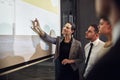 Talking numbers with her team. an executive giving a presentation on a projection screen to a group of colleagues in a Royalty Free Stock Photo