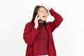 Talking on the Phone and Forgot Something Of Beautiful Asian Woman Wearing Red Shirt Royalty Free Stock Photo