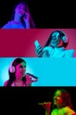 Talking on phone. Portraits of group of young girls with smartphone on multicolored background in neon light, collage. Royalty Free Stock Photo