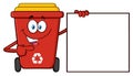 Talking Red Recycle Bin Cartoon Mascot Character Pointing To A Blank Sign Banner Royalty Free Stock Photo