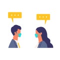 Talking scene of working businessmen in the new normal lifestyles. Flat design vector illustration of masked business people