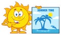 Talking Sun Cartoon Mascot Character Pointing To A Blank Sign Royalty Free Stock Photo