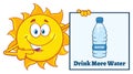 Talking Sun Cartoon Mascot Character Pointing To A Sign With Text Drink More Water Royalty Free Stock Photo