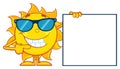 Talking Sun Cartoon Mascot Character With Sunglasses Pointing To A Blank Sign Royalty Free Stock Photo