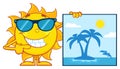 Talking Sun Cartoon Mascot Character With Sunglasses Pointing To A Blank Sign Royalty Free Stock Photo