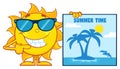 Talking Sun Cartoon Mascot Character With Sunglasses Pointing To A Blank Sign Royalty Free Stock Photo