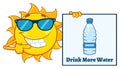 Talking Sun Cartoon Mascot Character With Sunglasses Pointing To A Sign With Text Drink More Water Royalty Free Stock Photo