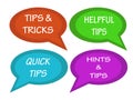 Talks bubbles with inscription tips and tricks, helpful tips, quick tips, hints and tips