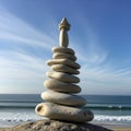 Balanced stack of smooth stones on a beach with ocean and sky Royalty Free Stock Photo