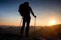 Tall backpacker with poles in hand. Sunny hike day in rocky mountains. Hiker with big backpack stand on rocky view point above Royalty Free Stock Photo