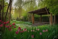 tall bamboo, surrounded by cherry blossoms and tulips in a japanese garden