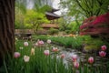 tall bamboo, surrounded by cherry blossoms and tulips in a japanese garden