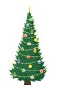 Tall beautiful Christmas tree with garland and Christmas tree toys. Christmas flat vector illustration