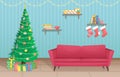 Tall beautiful Christmas tree with garland and Christmas tree toys and gifts. Christmas flat vector interior