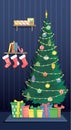 Tall beautiful Christmas tree with garland and Christmas tree toys and gifts. Christmas flat vector interior