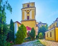 The tall belfry of Catholic Cathedral, Kamianets-Podilskyi, Ukraine