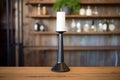 a tall, black candle holder with an unlit pillar candle