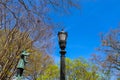 A tall black metal lamp post surrounded by bare winter trees, lush green trees and a statue with blue sky and clouds