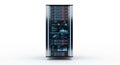 Tall black server rack with multiple rows of data centers showing graphs charts and monitoring lights in futuristic technology Royalty Free Stock Photo