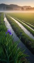 Tall Blue Iris Bordering Pond at Sunrise Royalty Free Stock Photo