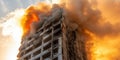 tall building engulfed in flames with thick smoke billowing into sky