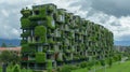 A tall building with many plants on the outside of it, AI