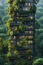 A tall building surrounded by trees in the middle of a forest. Generative AI Royalty Free Stock Photo
