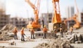 Tall building tower construction moment with workers, working machinery, lories, cranes. Toy figurest tilt shift effect concept Royalty Free Stock Photo