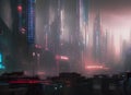 tall buildings in a cyberpunk city at night with illuminated skyscrapers blurred moving traffic and glowing neon lights. Royalty Free Stock Photo