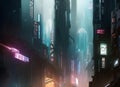 tall buildings in a cyberpunk city at night with illuminated skyscrapers blurred moving traffic and glowing neon lights. Royalty Free Stock Photo