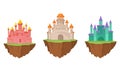 Tall Castle with Towers and Walls as Fortified Middle Age Stone Structure Rested on Floating Rocky Island Vector Set