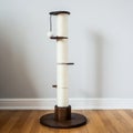 Tall cat scratching post with a cylindrical design wrapped in light-colored rope, standing Royalty Free Stock Photo