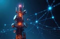 Tall cell tower transmits wireless signals. Network of glowing blue dots and lines shows digital data flow. Modern telecom Royalty Free Stock Photo