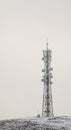 A tall cellular communication tower stands prominently on a snow-covered hill under a bright overcast sky, offering ample copy Royalty Free Stock Photo