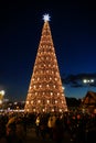 Tall Christmas tree with millions of lights. Night scene.