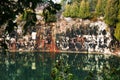 Quarry lake surrounded by evergreen trees