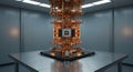 Tall, cylindrical quantum computer setup in a laboratory, featuring intricate copper Royalty Free Stock Photo