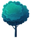 Tall deciduous tree isolated on blue. Forest vegetation, dark blue foliage, lush crown. Flat image Royalty Free Stock Photo