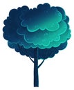 Tall deciduous tree isolated on blue. Forest vegetation, dark blue foliage, lush crown. Flat image Royalty Free Stock Photo