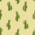 Tall desert cactus simple seamless pattern. Mexico cactaceae doodle background. Green cactus plant fabric print