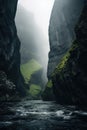 tall fjords. steep cliff. river, lake, creek. fantasy foggy, misty landscape. Aisen Fjords, Chile.