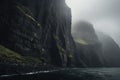 tall fjords. steep cliff. river, lake, creek. fantasy foggy, misty landscape. Naeroyfjord, Norway.
