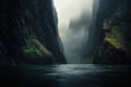 tall fjords. steep cliff. river, lake, creek. fantasy foggy, misty landscape. Doubtful Sound, New Zealandâs South Island Royalty Free Stock Photo